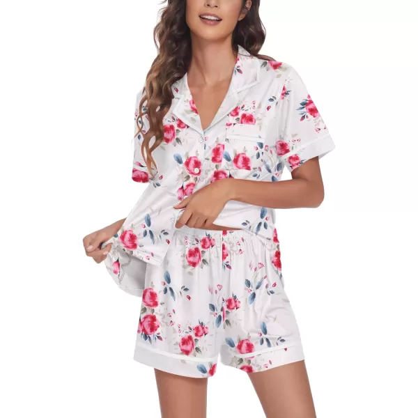 Ekouaer Pajamas Soft Striped Womens Short Sleeve Button Sleepwear Shorts Shirt PJ SetSXXLPat33whiteamppink Flower