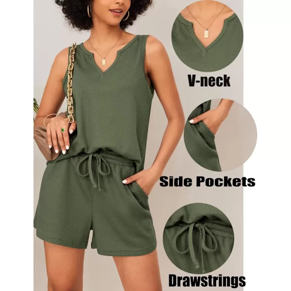 Ekouaer Pajamas Tank Top Lounge Sets Waffle Knit V Neck Sleeveless Outfits Sets Sleepwear Loungewear for WomenArmy Green