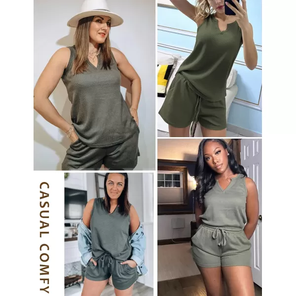 Ekouaer Pajamas Tank Top Lounge Sets Waffle Knit V Neck Sleeveless Outfits Sets Sleepwear Loungewear for WomenArmy Green