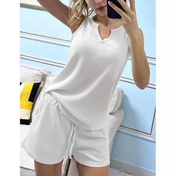 Ekouaer Pajamas Tank Top Lounge Sets Waffle Knit V Neck Sleeveless Outfits Sets Sleepwear Loungewear for WomenWhite