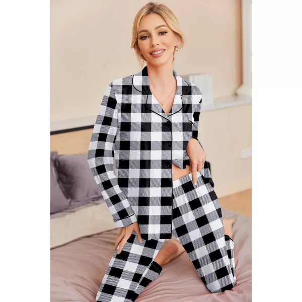 Ekouaer Pajamas Womens Long Sleeve Sleepwear Soft Button Down Loungewear Pjs Lounge Set Nightwear XSXXLBlack and White Plaid