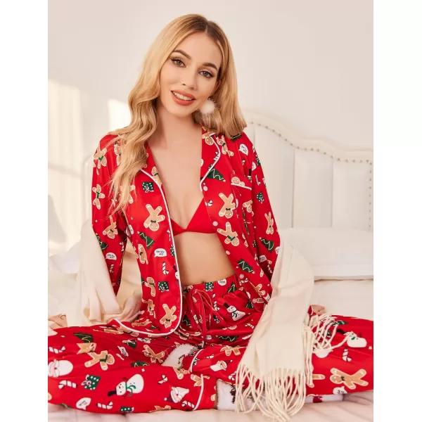 Ekouaer Pajamas Womens Long Sleeve Sleepwear Soft Button Down Loungewear Pjs Lounge Set Nightwear XSXXLChristmas Red Pat52