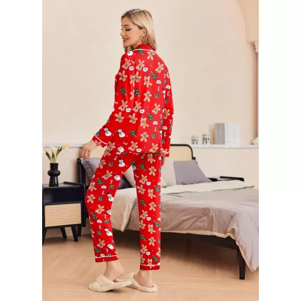 Ekouaer Pajamas Womens Long Sleeve Sleepwear Soft Button Down Loungewear Pjs Lounge Set Nightwear XSXXLChristmas Red With Gingerbread Man