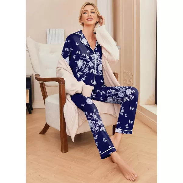 Ekouaer Pajamas Womens Long Sleeve Sleepwear Soft Button Down Loungewear Pjs Lounge Set Nightwear XSXXLFloral Navy With White