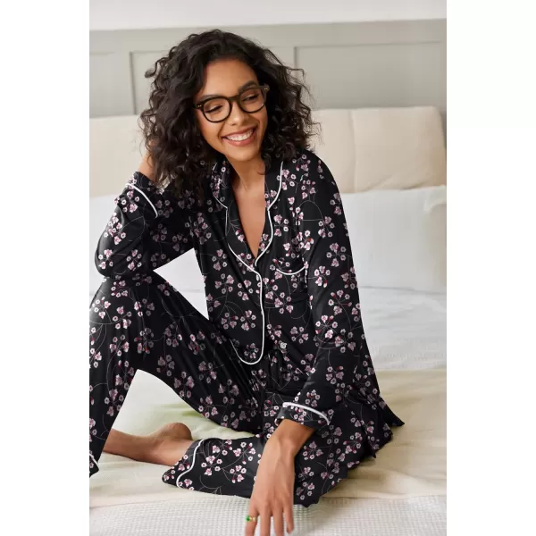 Ekouaer Pajamas Womens Long Sleeve Sleepwear Soft Button Down Loungewear Pjs Lounge Set Nightwear XSXXLFloral44  Gypsophila Black