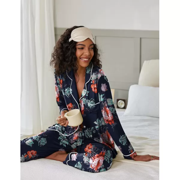 Ekouaer Pajamas Womens Long Sleeve Sleepwear Soft Button Down Loungewear Pjs Lounge Set Nightwear XSXXLFloral45  Navy Blue