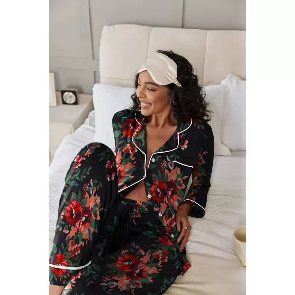 Ekouaer Pajamas Womens Long Sleeve Sleepwear Soft Button Down Loungewear Pjs Lounge Set Nightwear XSXXLFloral46  Black