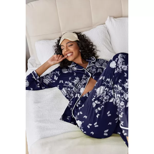 Ekouaer Pajamas Womens Long Sleeve Sleepwear Soft Button Down Loungewear Pjs Lounge Set Nightwear XSXXLFloral47  Navy With White