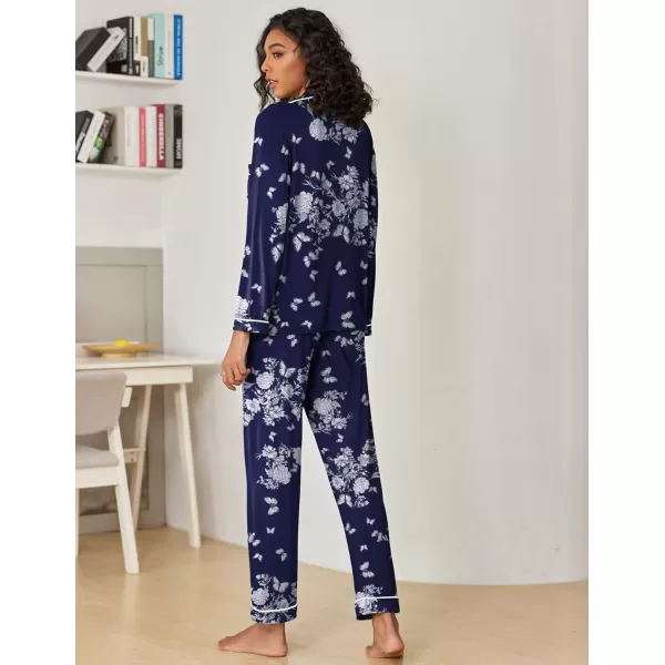 Ekouaer Pajamas Womens Long Sleeve Sleepwear Soft Button Down Loungewear Pjs Lounge Set Nightwear XSXXLFloral47  Navy With White