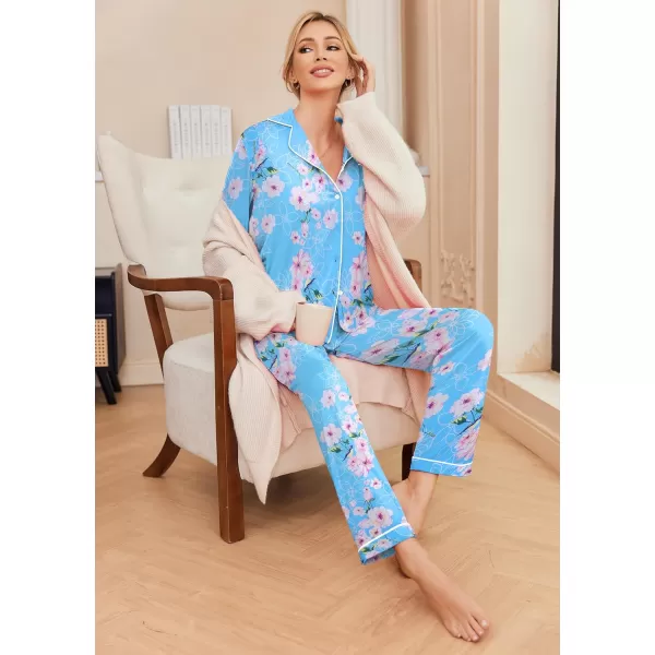 Ekouaer Pajamas Womens Long Sleeve Sleepwear Soft Button Down Loungewear Pjs Lounge Set Nightwear XSXXLFloral48  Light Blue