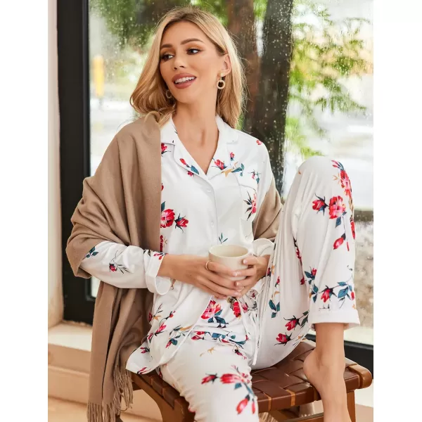 Ekouaer Pajamas Womens Long Sleeve Sleepwear Soft Button Down Loungewear Pjs Lounge Set Nightwear XSXXLFloral48  White