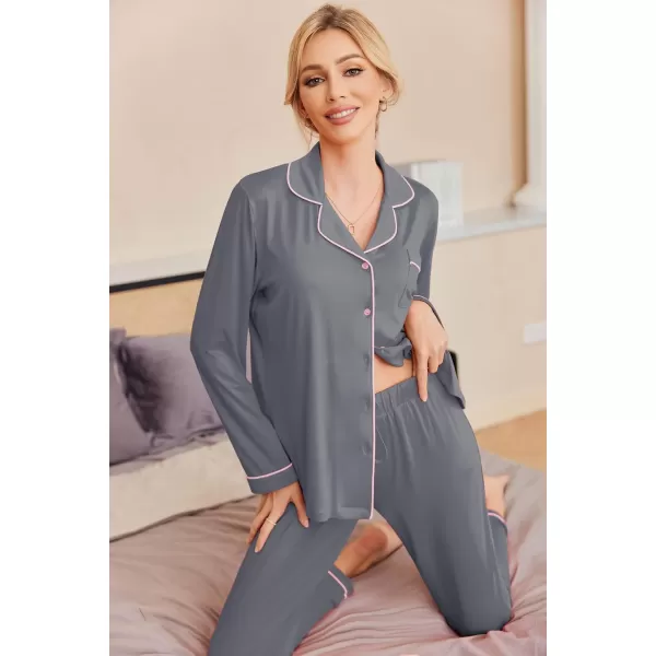 Ekouaer Pajamas Womens Long Sleeve Sleepwear Soft Button Down Loungewear Pjs Lounge Set Nightwear XSXXLGray