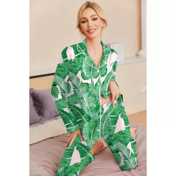 Ekouaer Pajamas Womens Long Sleeve Sleepwear Soft Button Down Loungewear Pjs Lounge Set Nightwear XSXXLGreen Leaves