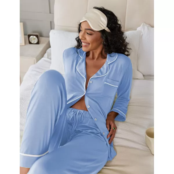 Ekouaer Pajamas Womens Long Sleeve Sleepwear Soft Button Down Loungewear Pjs Lounge Set Nightwear XSXXLLight Grey Blue