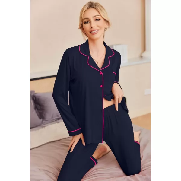 Ekouaer Pajamas Womens Long Sleeve Sleepwear Soft Button Down Loungewear Pjs Lounge Set Nightwear XSXXLNavy