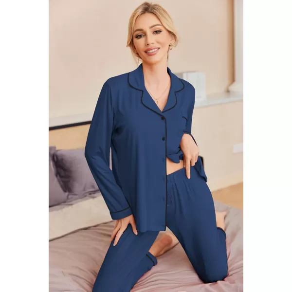 Ekouaer Pajamas Womens Long Sleeve Sleepwear Soft Button Down Loungewear Pjs Lounge Set Nightwear XSXXLNavy Blue