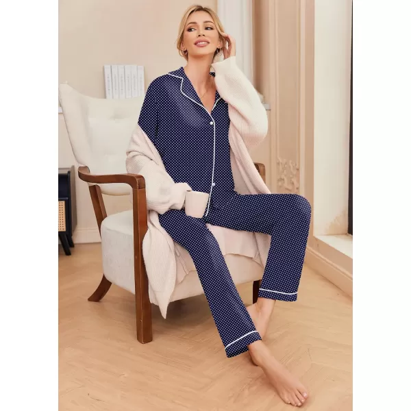 Ekouaer Pajamas Womens Long Sleeve Sleepwear Soft Button Down Loungewear Pjs Lounge Set Nightwear XSXXLNavy With White Dots