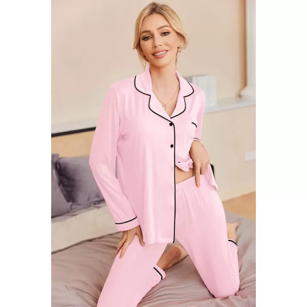 Ekouaer Pajamas Womens Long Sleeve Sleepwear Soft Button Down Loungewear Pjs Lounge Set Nightwear XSXXLPink