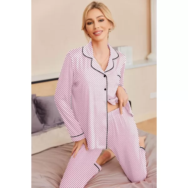 Ekouaer Pajamas Womens Long Sleeve Sleepwear Soft Button Down Loungewear Pjs Lounge Set Nightwear XSXXLPink With Black Dots