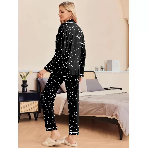 Ekouaer Pajamas Womens Long Sleeve Sleepwear Soft Button Down Loungewear Pjs Lounge Set Nightwear XSXXLStars Pattern  Black