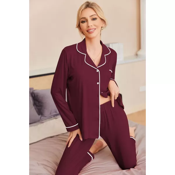 Ekouaer Pajamas Womens Long Sleeve Sleepwear Soft Button Down Loungewear Pjs Lounge Set Nightwear XSXXLWine Red