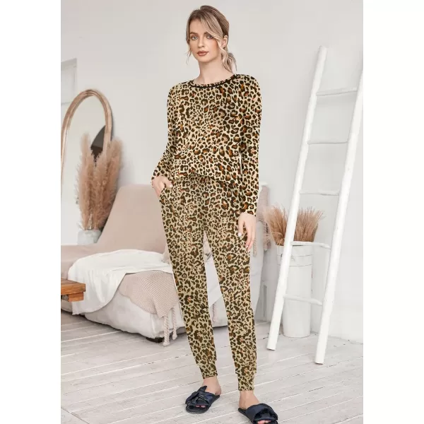 Ekouaer Pajamas Womens Long Sleeve Sleepwear with Long Pants Soft Loungewear Pj Set XS3XLApricot Leopard Print