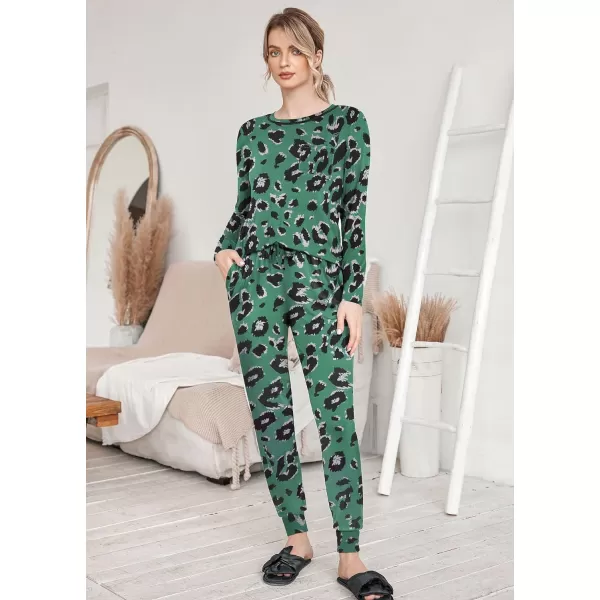 Ekouaer Pajamas Womens Long Sleeve Sleepwear with Long Pants Soft Loungewear Pj Set XS3XLGreen Leopardprint