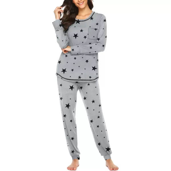 Ekouaer Pajamas Womens Long Sleeve Sleepwear with Long Pants Soft Loungewear Pj Set XS3XLGrey Black Star