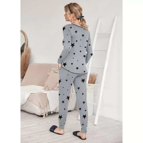 Ekouaer Pajamas Womens Long Sleeve Sleepwear with Long Pants Soft Loungewear Pj Set XS3XLGrey Black Star