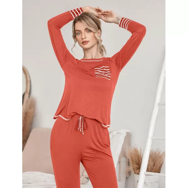 Ekouaer Pajamas Womens Long Sleeve Sleepwear with Long Pants Soft Loungewear Pj Set XS3XLOrange Red