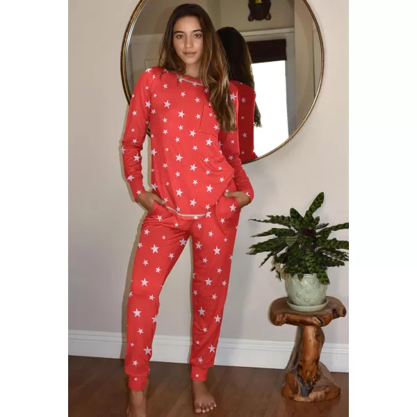 Ekouaer Pajamas Womens Long Sleeve Sleepwear with Long Pants Soft Loungewear Pj Set XS3XLRed Stars