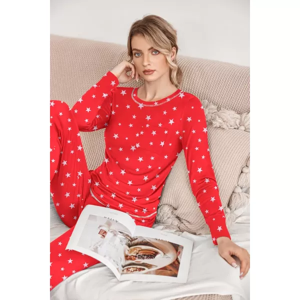 Ekouaer Pajamas Womens Long Sleeve Sleepwear with Long Pants Soft Loungewear Pj Set XS3XLRed Stars