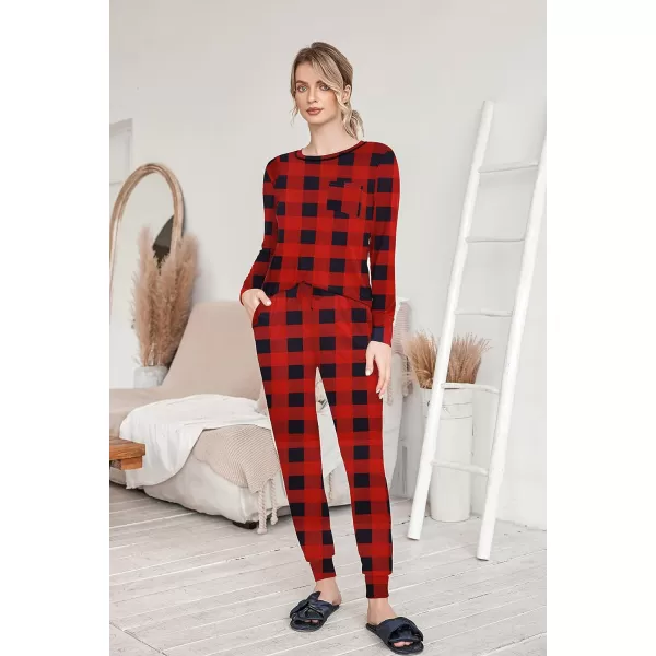 Ekouaer Pajamas Womens Long Sleeve Sleepwear with Long Pants Soft Loungewear Pj Set XS3XLRed and Black Plaid