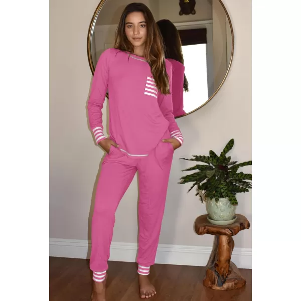 Ekouaer Pajamas Womens Long Sleeve Sleepwear with Long Pants Soft Loungewear Pj Set XS3XLRose Red