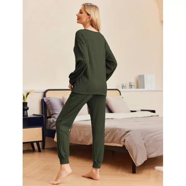 Ekouaer Pajamas Womens Ribbed Knit 2 Piece Matching Lounge Sets Long Sleeve Pullover Top and Pants Sleepwear Tracksuit SXXLArmy Green