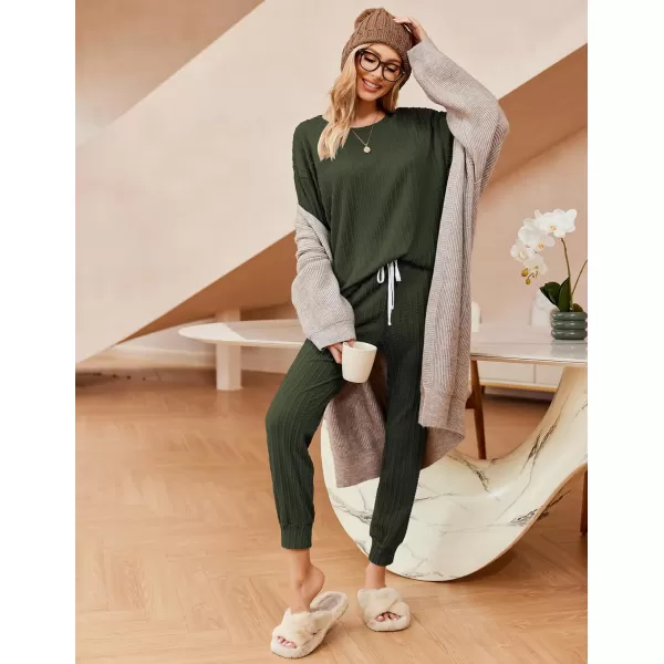 Ekouaer Pajamas Womens Ribbed Knit 2 Piece Matching Lounge Sets Long Sleeve Pullover Top and Pants Sleepwear Tracksuit SXXLArmy Green