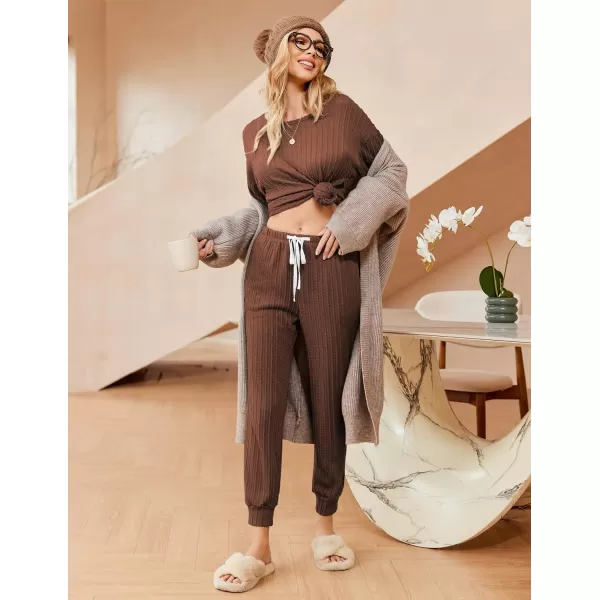 Ekouaer Pajamas Womens Ribbed Knit 2 Piece Matching Lounge Sets Long Sleeve Pullover Top and Pants Sleepwear Tracksuit SXXLBrown