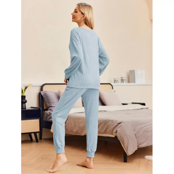 Ekouaer Pajamas Womens Ribbed Knit 2 Piece Matching Lounge Sets Long Sleeve Pullover Top and Pants Sleepwear Tracksuit SXXLClear Blue