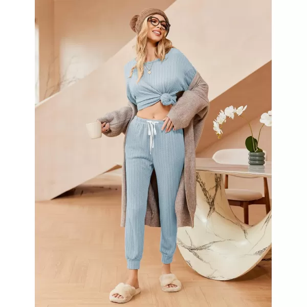 Ekouaer Pajamas Womens Ribbed Knit 2 Piece Matching Lounge Sets Long Sleeve Pullover Top and Pants Sleepwear Tracksuit SXXLClear Blue