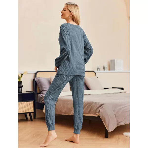 Ekouaer Pajamas Womens Ribbed Knit 2 Piece Matching Lounge Sets Long Sleeve Pullover Top and Pants Sleepwear Tracksuit SXXLDark Blue