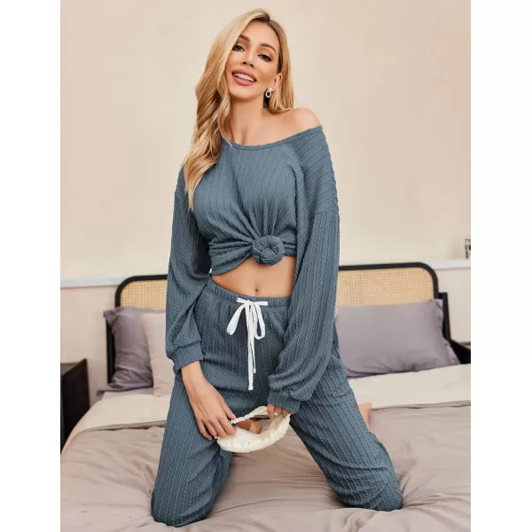 Ekouaer Pajamas Womens Ribbed Knit 2 Piece Matching Lounge Sets Long Sleeve Pullover Top and Pants Sleepwear Tracksuit SXXLDark Blue