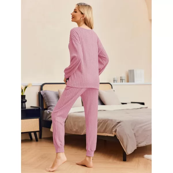 Ekouaer Pajamas Womens Ribbed Knit 2 Piece Matching Lounge Sets Long Sleeve Pullover Top and Pants Sleepwear Tracksuit SXXLDark Pink