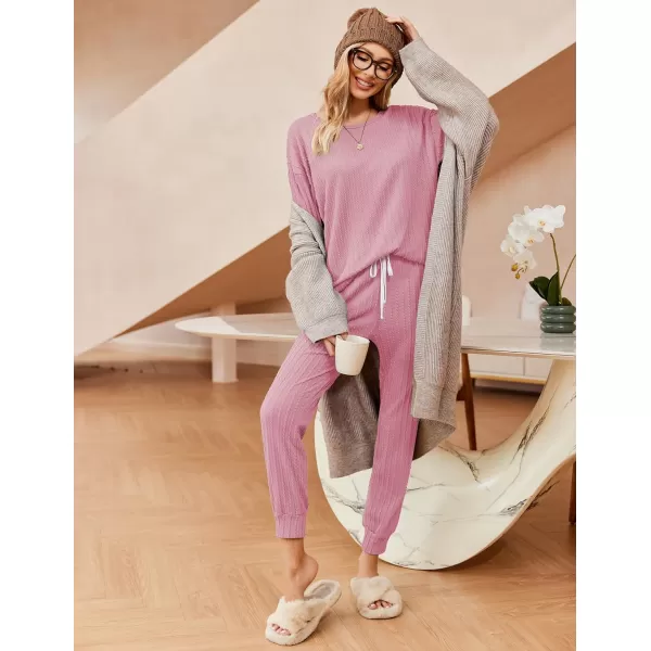 Ekouaer Pajamas Womens Ribbed Knit 2 Piece Matching Lounge Sets Long Sleeve Pullover Top and Pants Sleepwear Tracksuit SXXLDark Pink