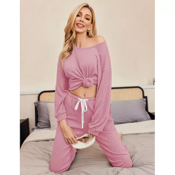 Ekouaer Pajamas Womens Ribbed Knit 2 Piece Matching Lounge Sets Long Sleeve Pullover Top and Pants Sleepwear Tracksuit SXXLDark Pink