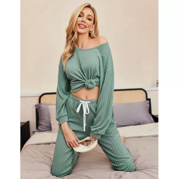 Ekouaer Pajamas Womens Ribbed Knit 2 Piece Matching Lounge Sets Long Sleeve Pullover Top and Pants Sleepwear Tracksuit SXXLGray Green