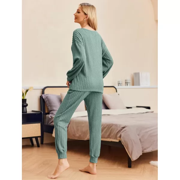 Ekouaer Pajamas Womens Ribbed Knit 2 Piece Matching Lounge Sets Long Sleeve Pullover Top and Pants Sleepwear Tracksuit SXXLGray Green