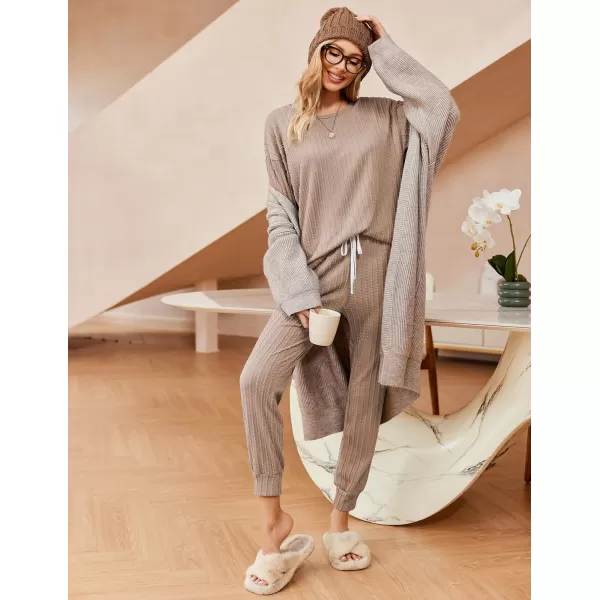 Ekouaer Pajamas Womens Ribbed Knit 2 Piece Matching Lounge Sets Long Sleeve Pullover Top and Pants Sleepwear Tracksuit SXXLKhaki