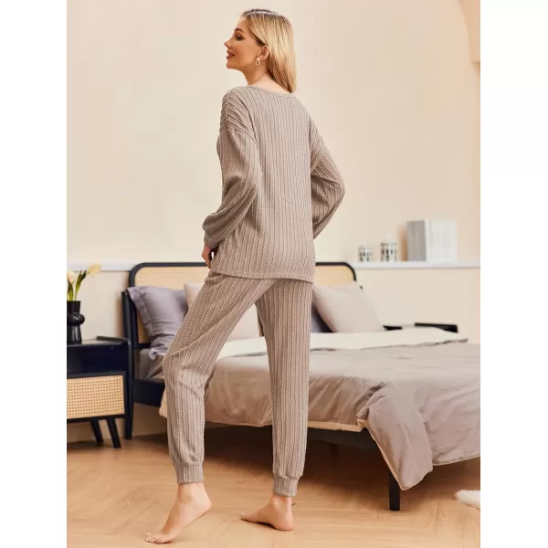 Ekouaer Pajamas Womens Ribbed Knit 2 Piece Matching Lounge Sets Long Sleeve Pullover Top and Pants Sleepwear Tracksuit SXXLKhaki