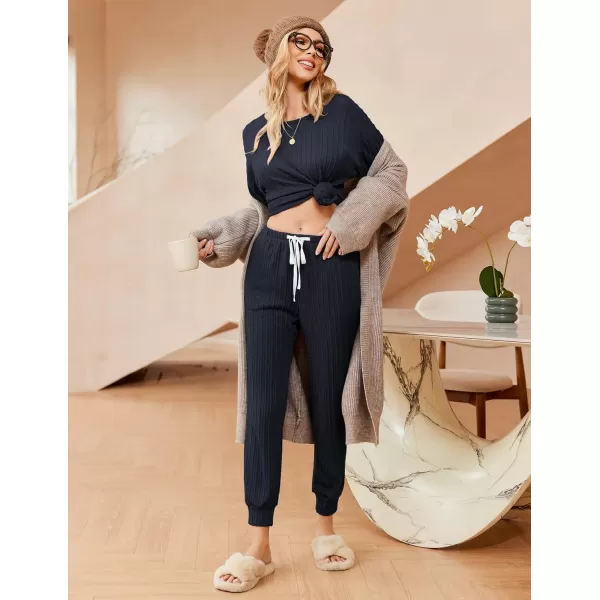 Ekouaer Pajamas Womens Ribbed Knit 2 Piece Matching Lounge Sets Long Sleeve Pullover Top and Pants Sleepwear Tracksuit SXXLNavy