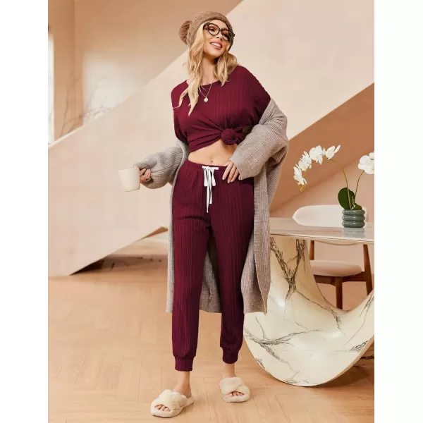 Ekouaer Pajamas Womens Ribbed Knit 2 Piece Matching Lounge Sets Long Sleeve Pullover Top and Pants Sleepwear Tracksuit SXXLWine